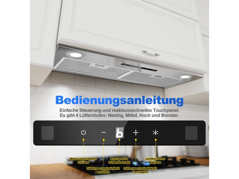 Hotte aspirante encastrable 72 cm, 400 m³h, 3 vitesses avec booster, commande tactile et gestuelle, évacuation ou recyclage - Conforama E
