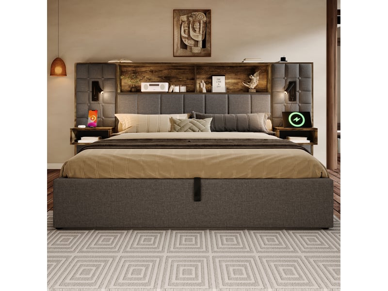 Lit coffre 180 x 200 cm gris avec éclairage led, liseuses et chevets intégrés - Conforama D