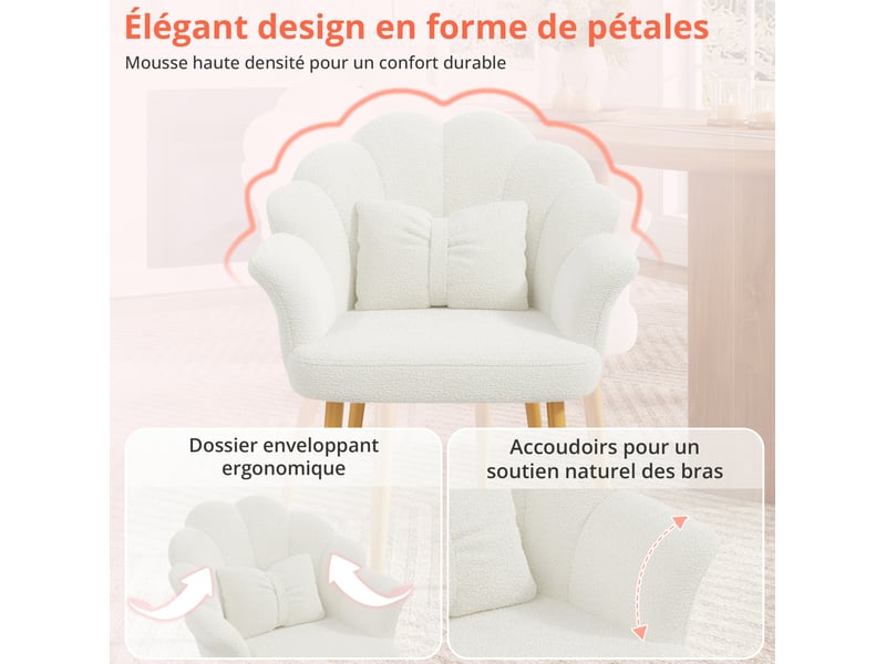  Fauteuil de salle à manger 64x65,5x85 cm, dossier pétale, coussin nœud, tissu teddy, pieds dorés, blanc  - Conforama E