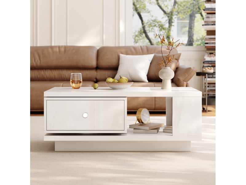  Table basse tcqpz 90 x 48 x 35 cm avec tiroir pivotant et niche ouverte blanc  - Conforama D