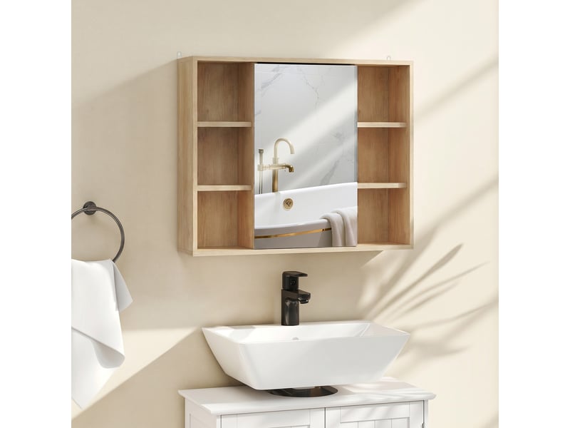  Meuble salle de bain avec miroir, placard à portes et 6 compartiments ouverts, 60 x 14,5 x 49,4 cm, bois naturel  - Conforama B