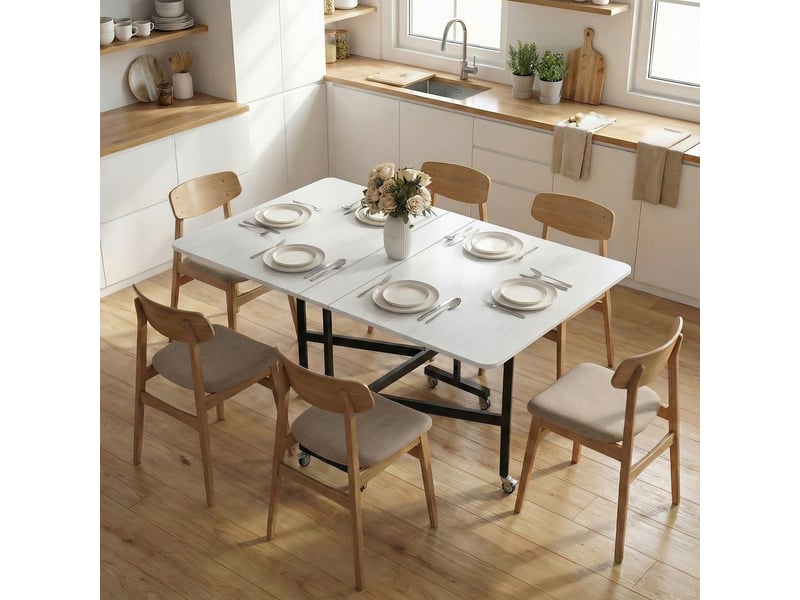 Table à manger pliable mobile 4-6 pers. 2 abattants effet bois blanc - Conforama D