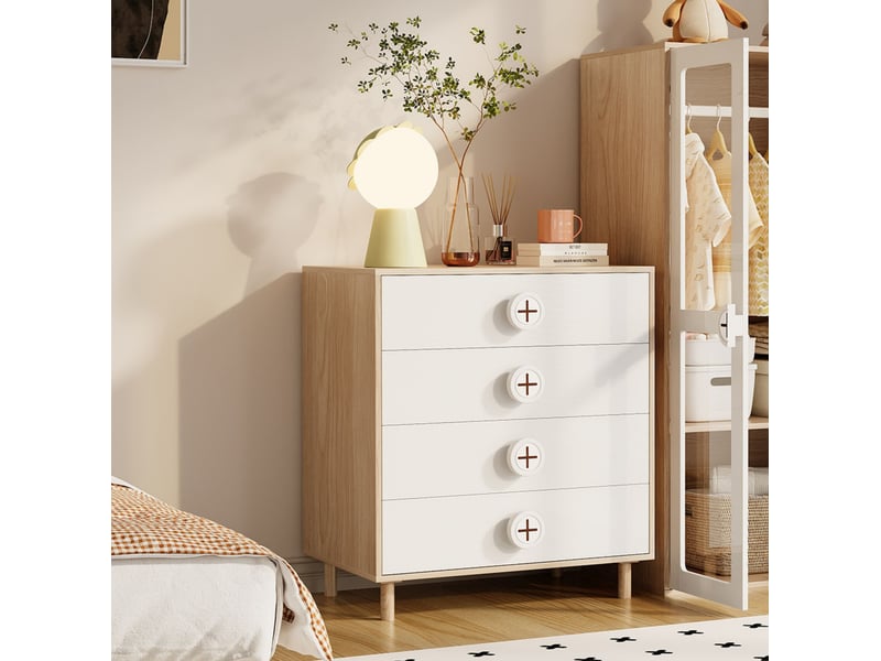  Commode de rangement à 4 tiroirs 80 x 54 x 90 cm en mdf blanc et bois naturel  - Conforama E