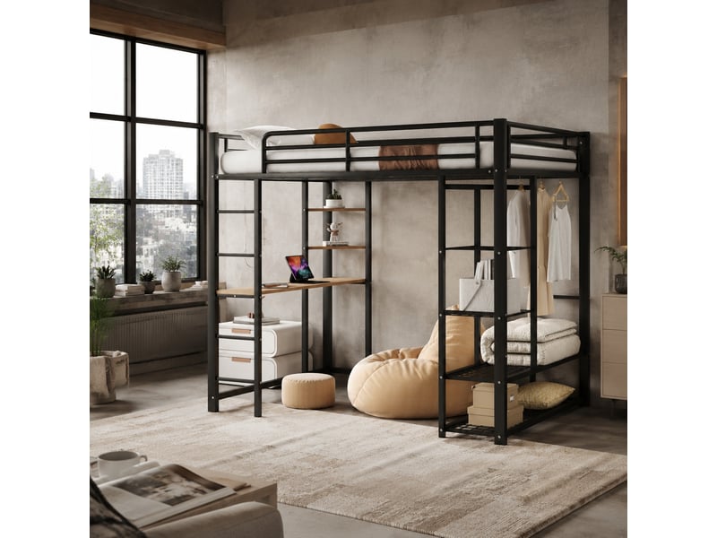  Lit mezzanine double 200×140 cm avec bureau, penderie et rangements, sans matelas, en métal noir  - Conforama B