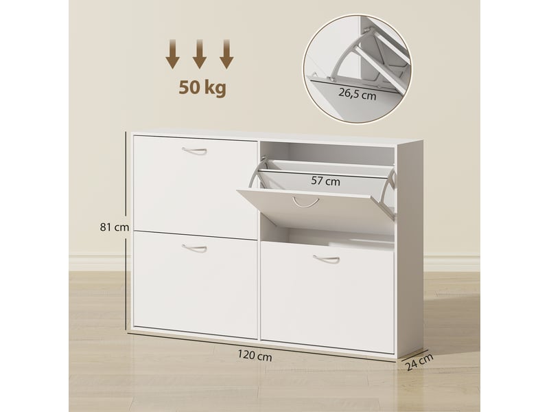  Armoire à chaussures meuble à chaussures grande taille dim. 120l x 24l x 81h cm 4 portes abattantes double niveau en bois blanc  - Conforama D