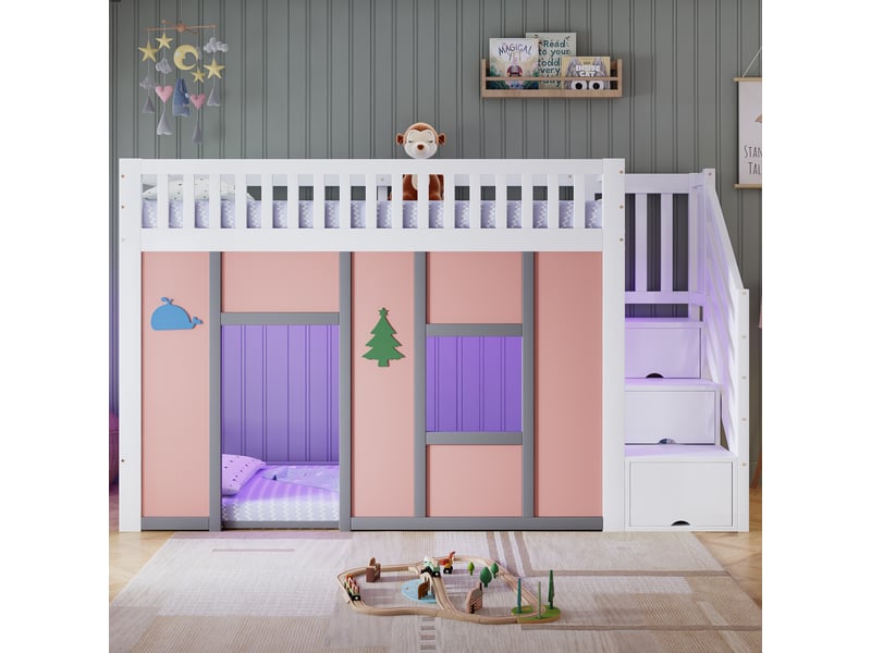  Lit mezzanine 90x200 cm, lit enfant, escalier avec rangement, barrière antichute, led, bois blanc et rose  - Conforama C
