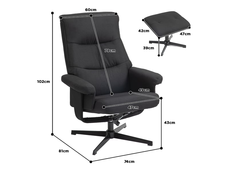  Fauteuil inclinable avec repose-pieds, pivotant, à bascule, aspect velours, jusqu'à 150 kg, noir  - Conforama E