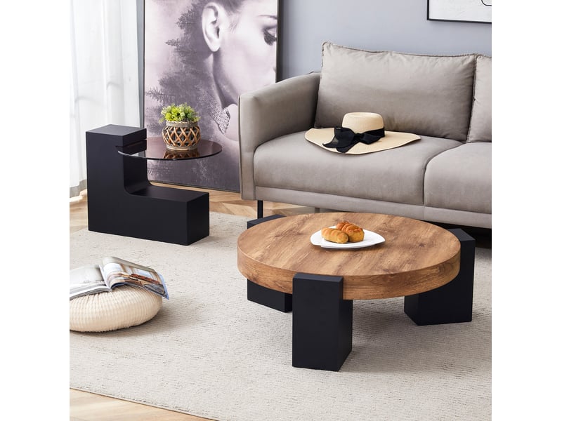  Table basse ronde 61x30 cm et desserte 44x44 cm, 2 niveaux, pieds en l démontables, salon, mdf et verre, noir et bois  - Conforama D