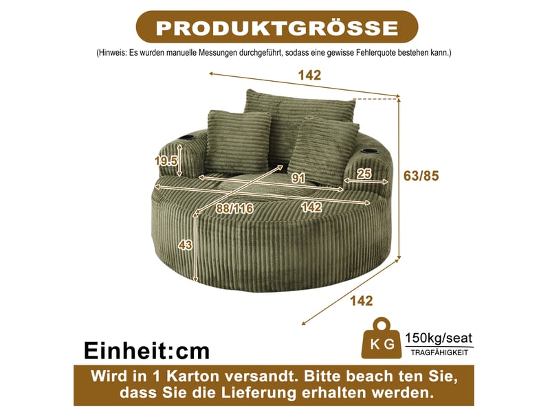 Fauteuil pouf rond 1 place avec 3 coussins amovibles, 2 porte-gobelets et poches latérales en velours côtelé vert - Conforama C