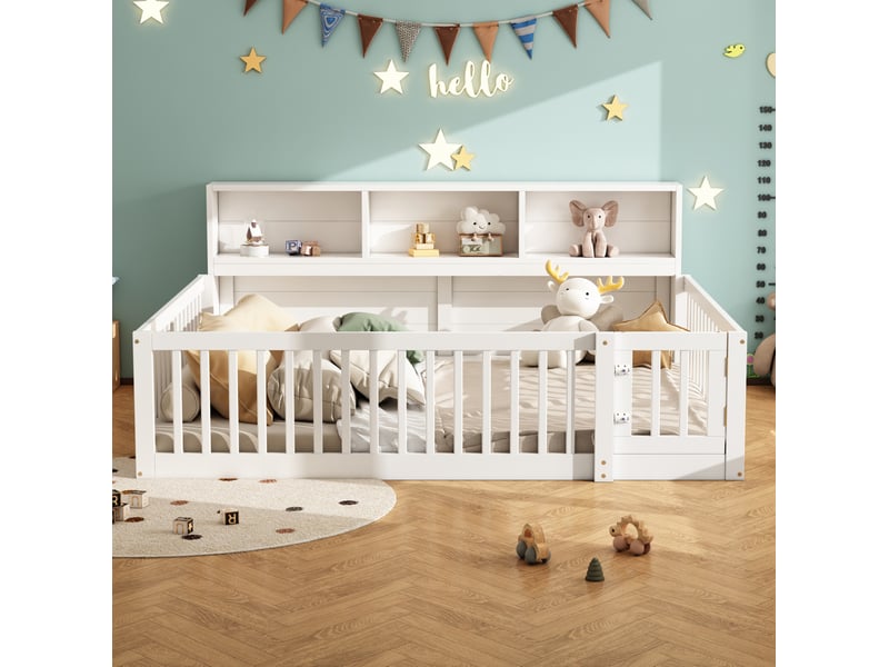  Lit banquette enfant 140x200 cm avec sommier, rangement et barrières, blanc  - Conforama E