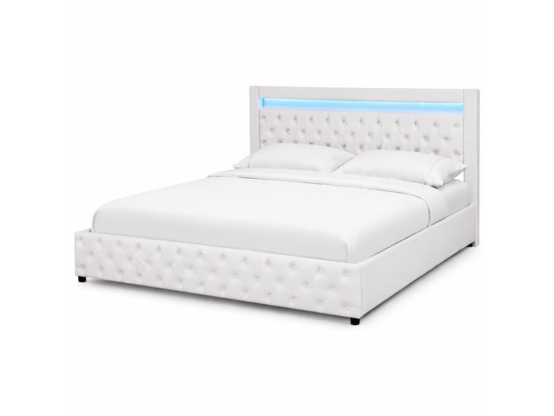  Lit rembourré 180 x 200 cm avec sommier à lattes relevable, rangement et led, blanc, pu  - Conforama A