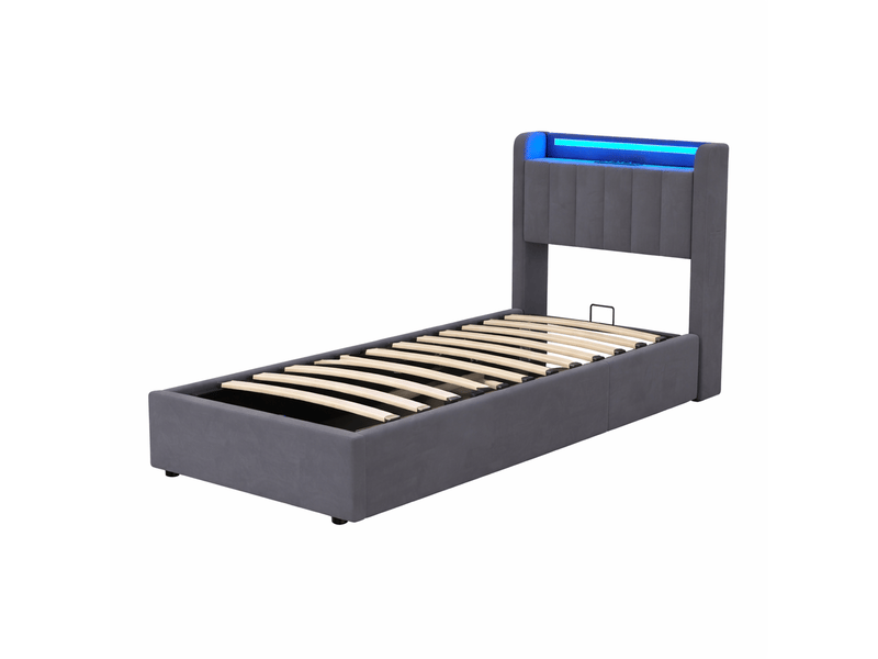  Lit coffre simple 90 x 190 cm avec led et usb, velours, gris foncé  - Conforama A