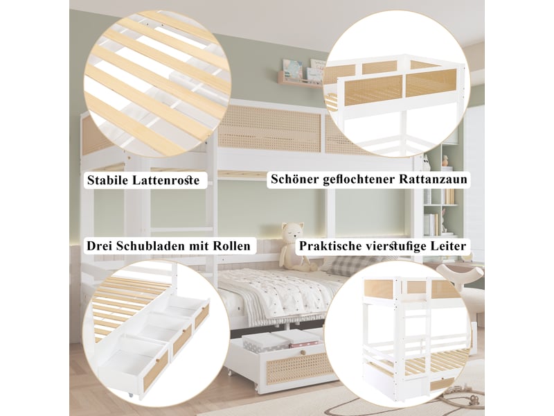  Lit superposé blancnaturel 90x200cm, pinmdfcontreplaqué, 3 tiroirs à roulettes, échelle et décor en rotin tressé  - Conforama D