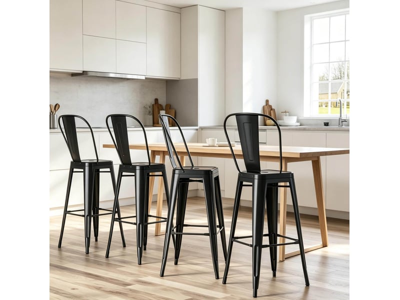  Lot de 4 tabourets de bar industriels noirs avec dossier amovible et repose-pieds, empilables  - Conforama E