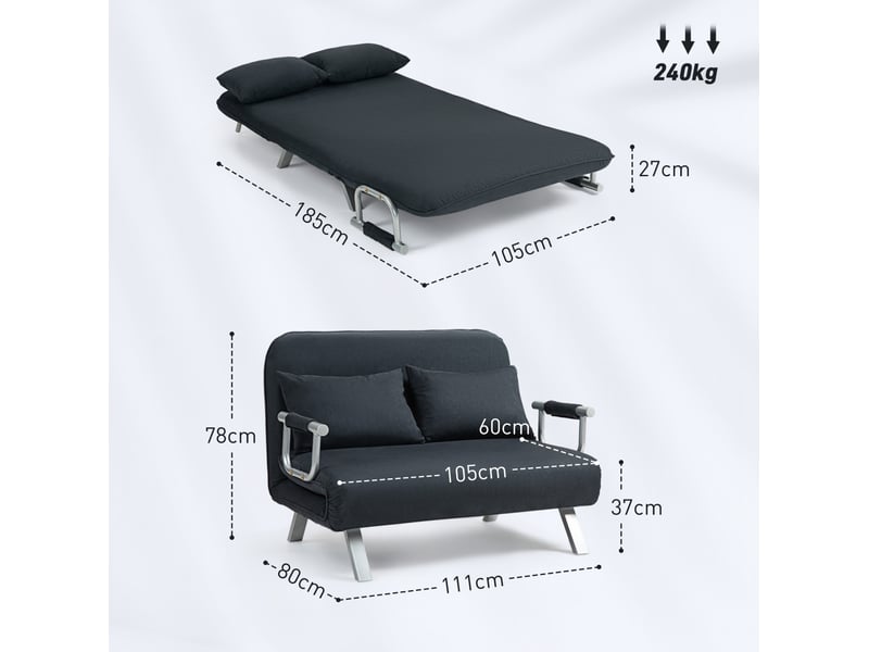 Canapé convertible 2 places 111 x 80 x 78 cm en métal avec dossier réglable noir chicfurn  - Conforama D