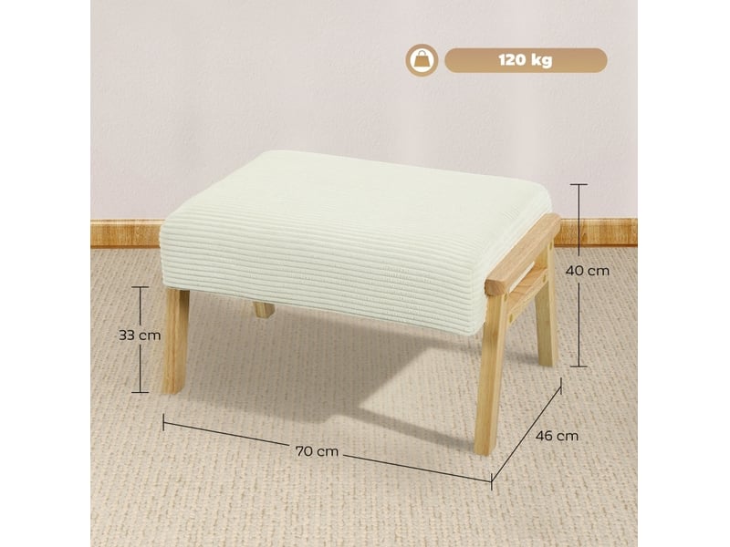  Pouf avec assise rembourrée confortable et pieds en bois, polyester aspect velours côtelé blanc crème, 70 × 46 × 40 cm  - Conforama E