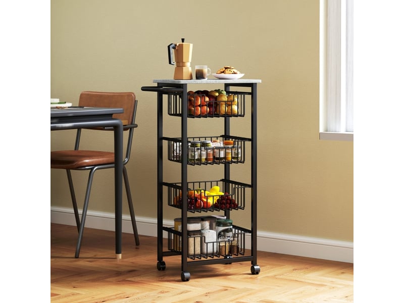  Desserte de cuisine avec 4 paniers et poignée sur roulettes pour cuisine et bar, en mdf et acier, gris clair, 49,5×31×91 cm  - Conforama C