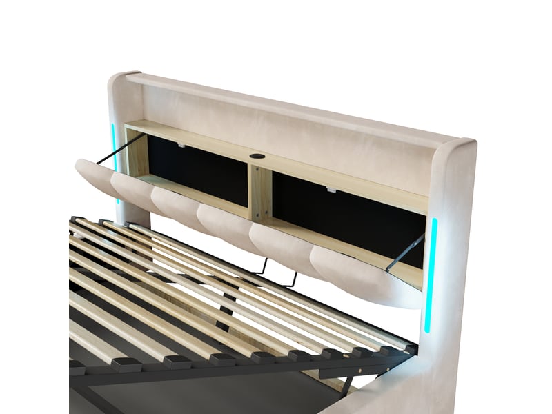 Lit capitonné, 180 x 200 cm, éclairage led, tête de lit avec compartiment de rangement, sans matelas, sommier coffre hydraulique, ports usb et type-c, velours, beige - Conforama D