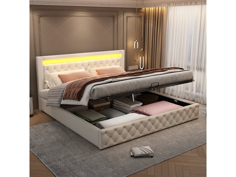  Lit coffre 180x200 cm en pu blanc avec led, sommier inclus Fay Lum - Conforama B