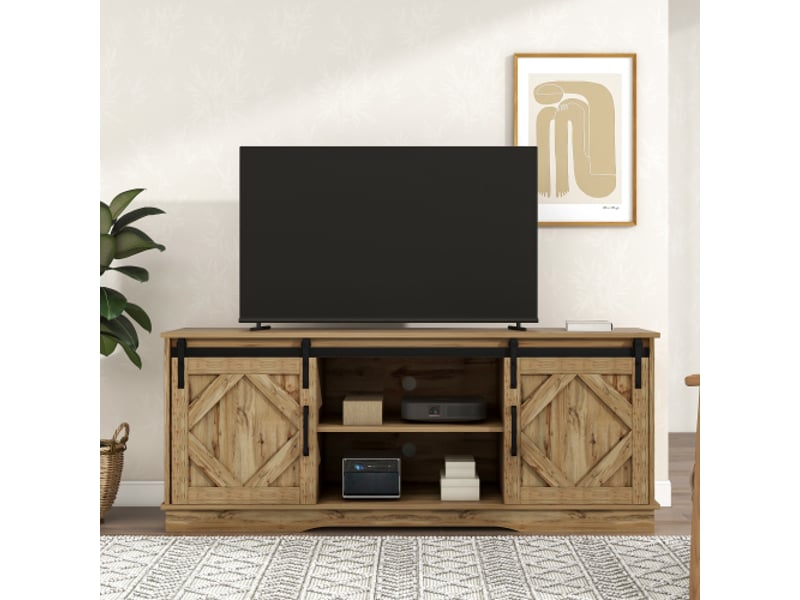  Meuble tv l.150 cm avec 2 portes coulissantes classiques en marron meuble tv bois foncé - Conforama B