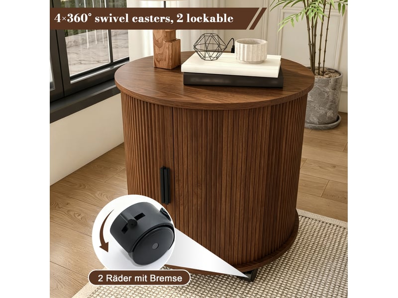  Table de chevet cylindrique, style mid-century, station de charge, porte coulissante, meuble nuit, chambre, mdf, noyer  - Conforama E