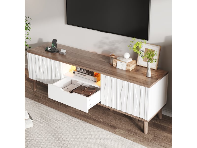  Meuble tv 160x40x52 cm avec led et portes coulissantes blanc et noyer foncé  - Conforama E