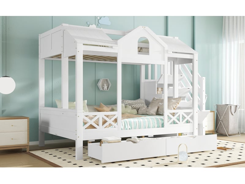  Lit superposé 90x200 + 140x200 cm – pin, mdf et contreplaqué blanc, rangements intégrés – chambre d'enfant  - Conforama C