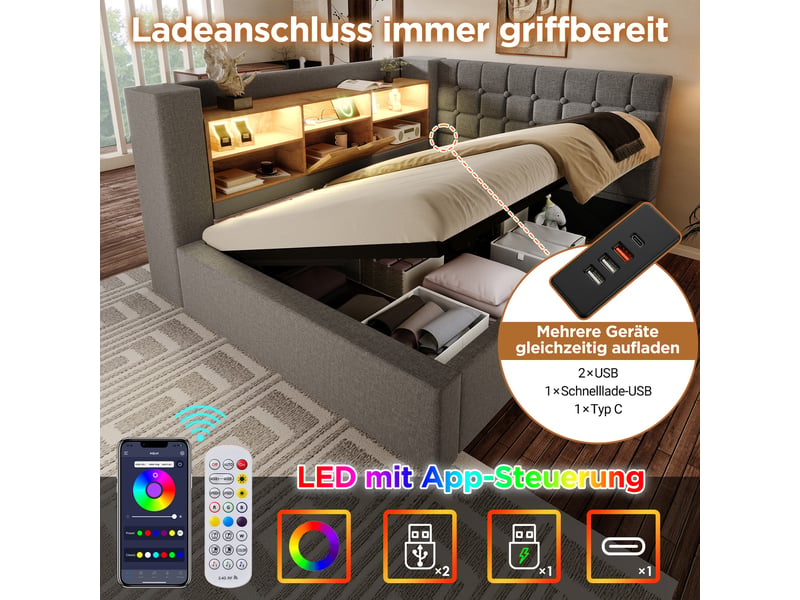  Lit double 140x200 cm avec coffre hydraulique - tête de lit l avec rangement led et usb - lin gris  - Conforama E