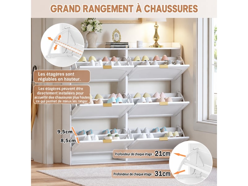  Meuble à chaussures blanc 6 abattants pour entrée, séparateurs réglables, jusqu’à 30 paires, 120 x 23 x 118 cm  - Conforama C