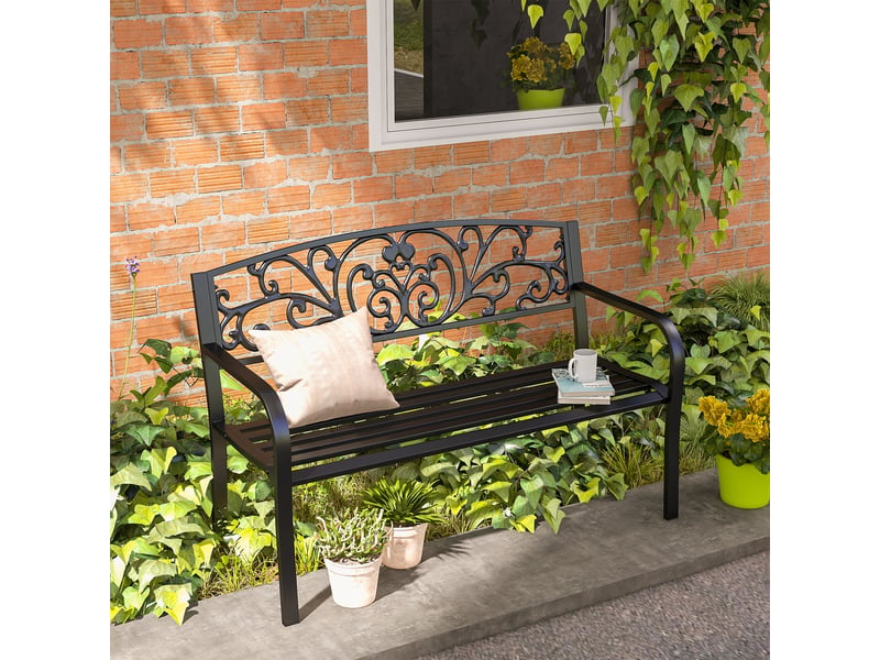  Banc de jardin en métal, motif floral, 2 places, charge maximale 240 kg, acier, 127 cm (l) x 60 cm (l) x 87 cm (h), noir  - Conforama C