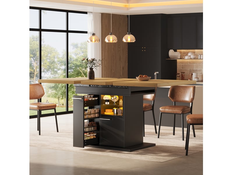  Table extensible 4 à 6 personnes avec rangement, étagères en verre et led pour repas, noire, 110 à 140 × 80 × 77,2 cm  - Conforama D
