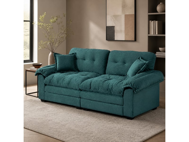 Canapé droit 2 places assise profonde avec double coussin - mousse mémoire, ressorts ensachés, chenille vert - Conforama B