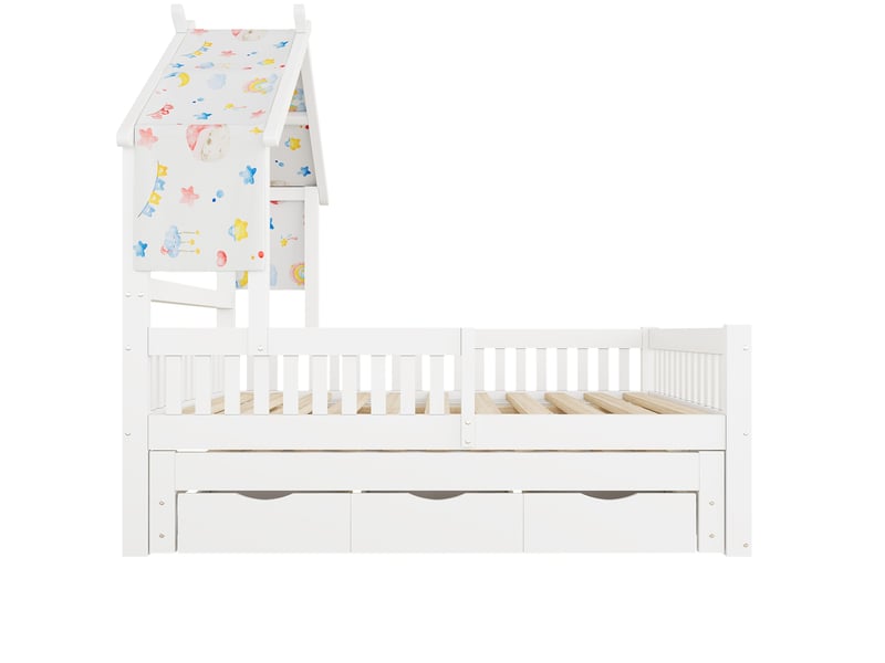 Lit cabane 140x200 cm, lit gigogne, lit enfant avec 3 tiroirs, barrières, pour chambre, pin et mdf, blanc sans matelas  - Conforama R