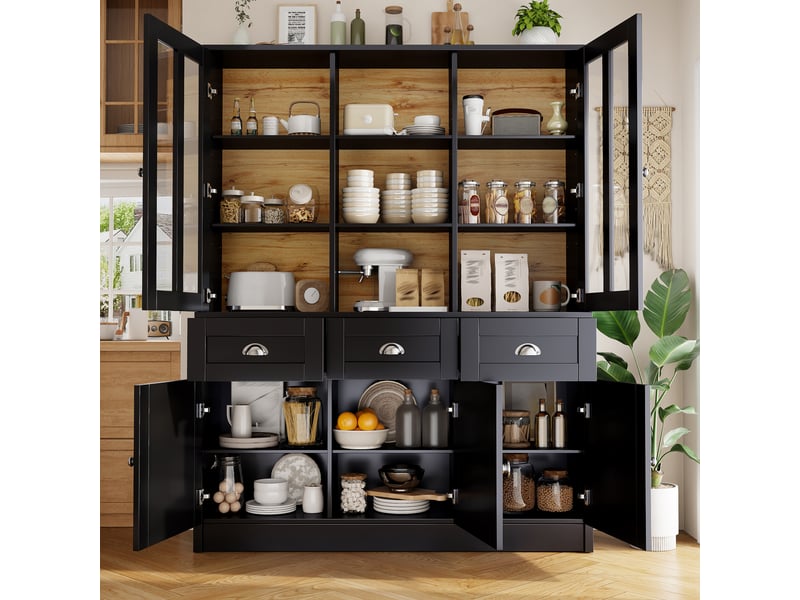 Armoire haute de salon noire 140x38.5x175cm, vitrine de cuisine avec tiroirs en mdf et acrylique - Conforama E