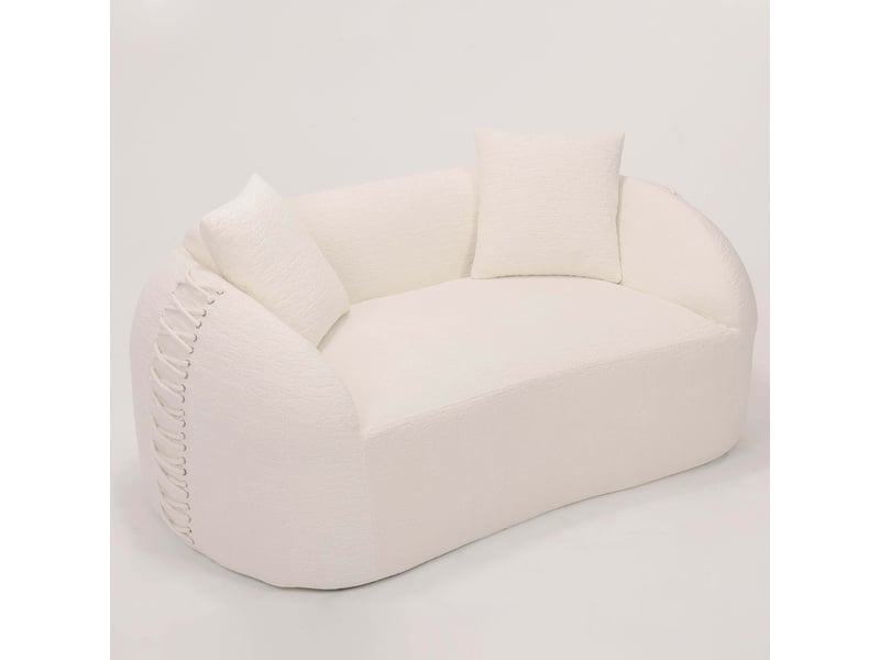 Canapé 2 places design courbé, tissu chenille structuré, accoudoirs avec détails lacets, 2 coussins inclus, blanc crème OMNIGLINT TRADING LTD - Conforama A
