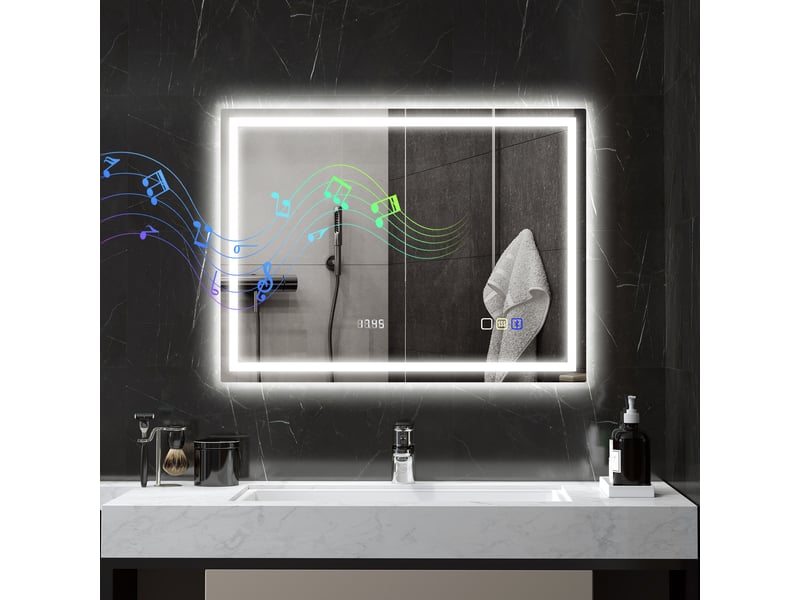  Miroir salle de bain led bluetooth 60 x 80 cm interrupteur tactile lumière réglable 3 couleurs anti-buée mémoire argent  - Conforama C