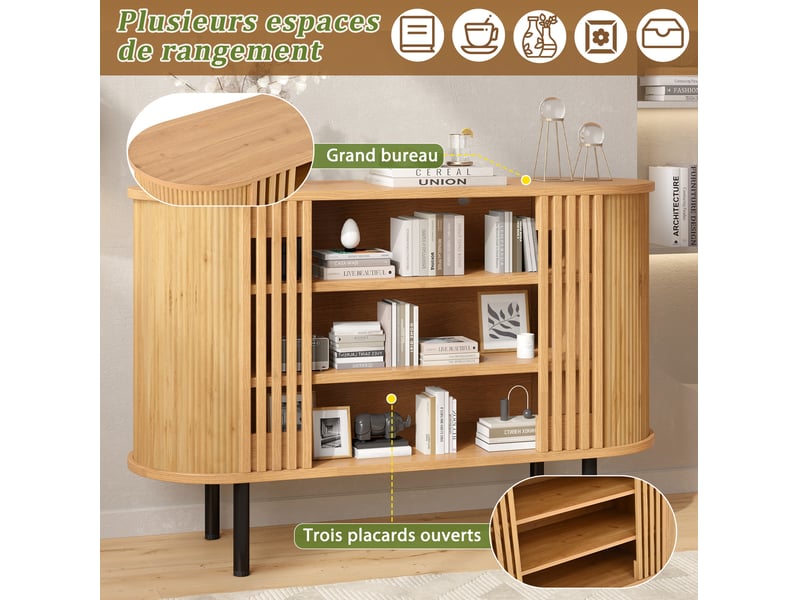  Buffet et enfilade avec 3 niches ouvertes et 4 pieds réglables pour salon et salle à manger, en mdf, 120 × 40 × 80 cm  - Conforama E