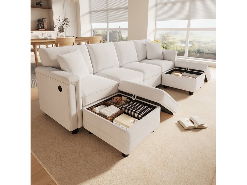  Canapé modulable modenvie 4 places configurable en l ou u avec 2 poufs de rangement, revêtement chenille beige, usb et type-c, 261 x 134 x 82 cm  - Conforama D