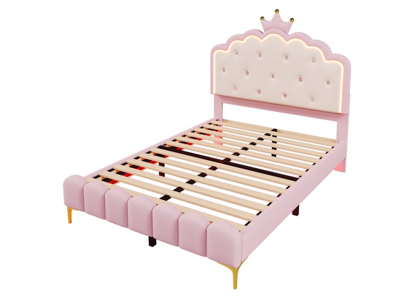  Lit enfant 140x200 cm avec tête de lit couronne, éclairage led, sommier à lattes, sans matelas, rose  - Conforama D