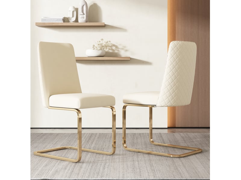  Chaise de salle à manger lot de 4 avec dossier matelassé en losanges et pieds métalliques dorés en velours beige  - Conforama E