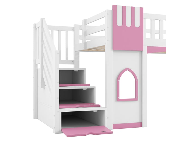  Lit mezzanine 90x200 cm blanc et rose, avec escalier de rangement 3 compartiments, 2 fenêtres, garde-corps, sommier inclus, sans matelas  - Conforama D