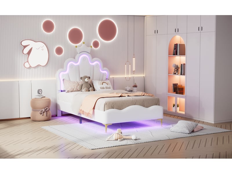  Lit enfant 90x200cm avec led, lit simple avec tête de lit en couronne forme des nuages réglable, cadre de lit pour fille et ado, pu, blanc, sans matelas  - Conforama D