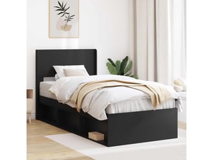 Lit adulte, lit simple, cadre de lit avec rangement et tête de lit noir 90x200cm cf1819