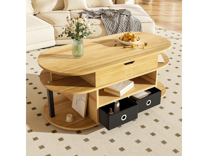  Table basse relevable avec 2 tiroirs en tissu et rangement, hauteur réglable, en panneau de particules, noir bois - uvrion  - Conforama C