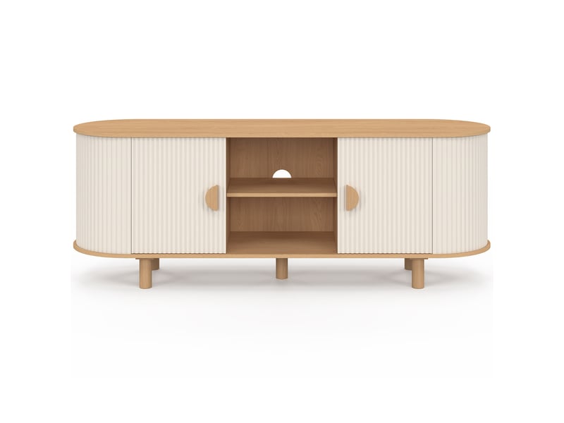Meuble tv 140 cm kanel 2 portes effet cannelé beige et bois  - Conforama C