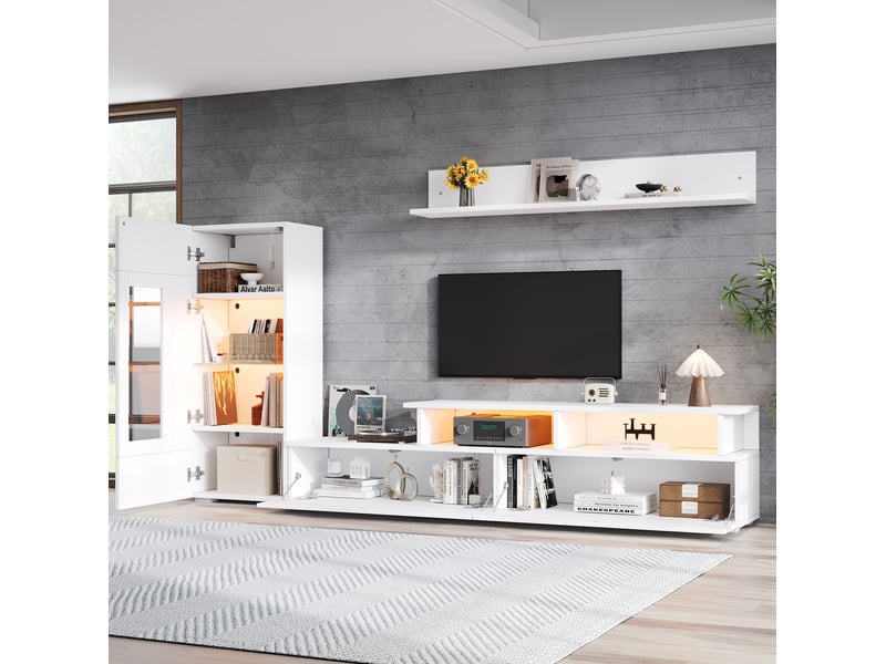  Meuble tv mural avec vitrine et étagère, 3 portes, éclairage led et rangement pour salon aux façades blanches brillantes  - Conforama C