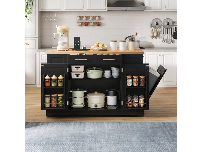 Desserte de cuisine mobile avec plateau rabattable, prises et espace poubelle coulissant, pour cuisine, noir naturel - Conforama C