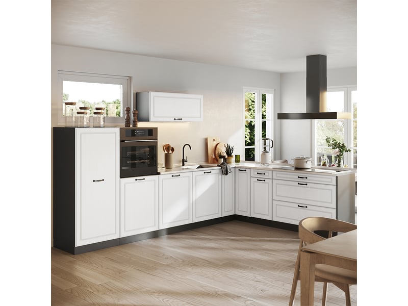 Vicco cuisine en angle, blanc campagneanthracite, 327 x cm plan de travail chêne doré  - Conforama C