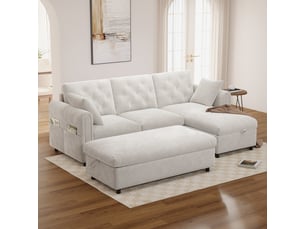 Canapé d'angle droit fixe <strong>HAUSS SPOLE</strong> <strong></strong> 3 places Velours beige avec coffre de rangement