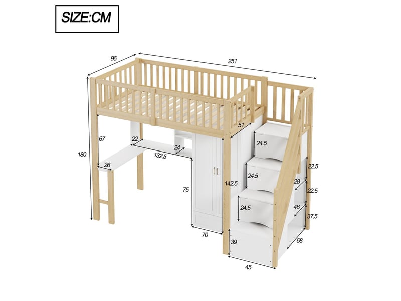  Lit mezzanine avec bureau 90 x 200 cm bureau meuble de rangement escalier de rangement étagère structure en bois  - Conforama C
